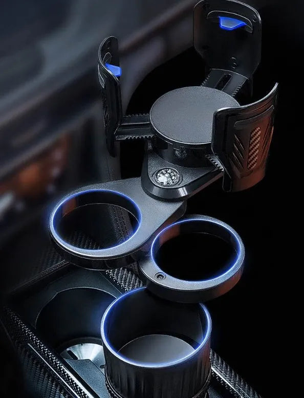 Carbon fibre black adjustable car cup holder with retractable base extended.