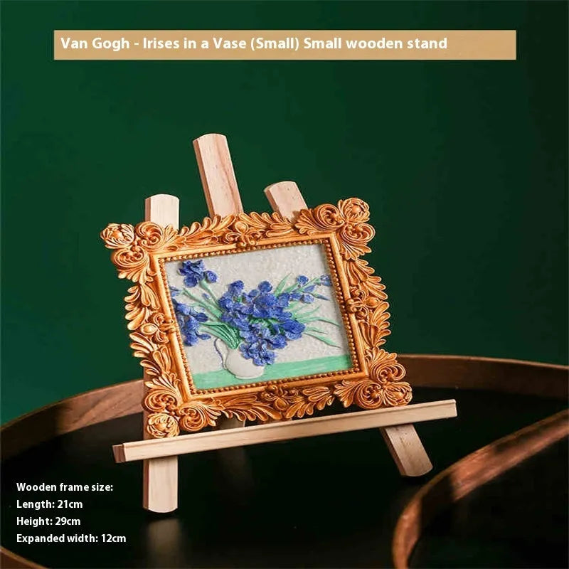 DIY oil painting by numbers kit showing framed Van Gogh Starry Night artwork with brushes and paints
