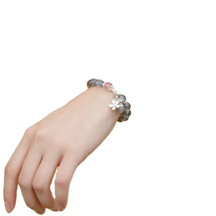 Women's 925 silver bracelet with 7.5mm grey moonlight crystal and honeysuckle charm