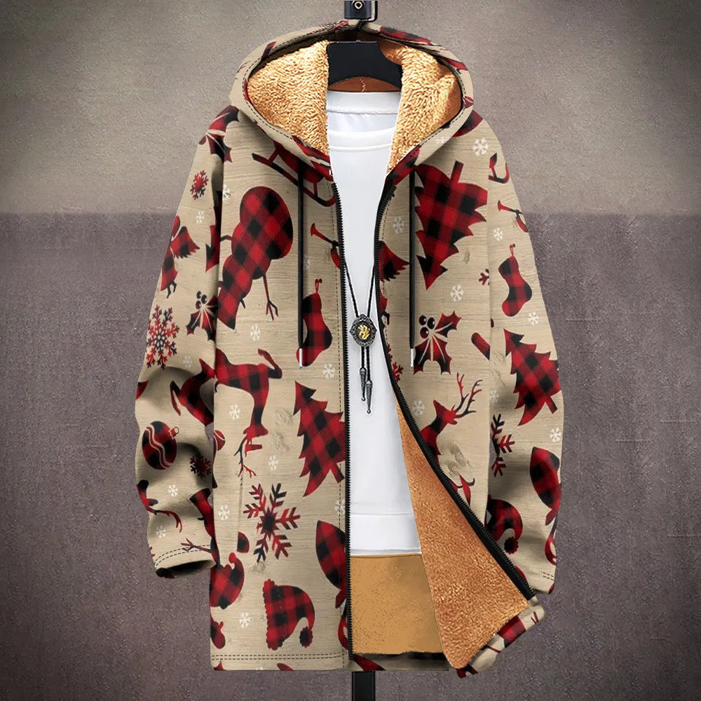 Man wearing a loose fit hooded cardigan with a front zipper and digital multicolour print pattern.