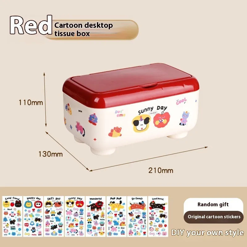 Plastic desktop storage box with cartoon stickers showing 2L capacity for stationery organisation