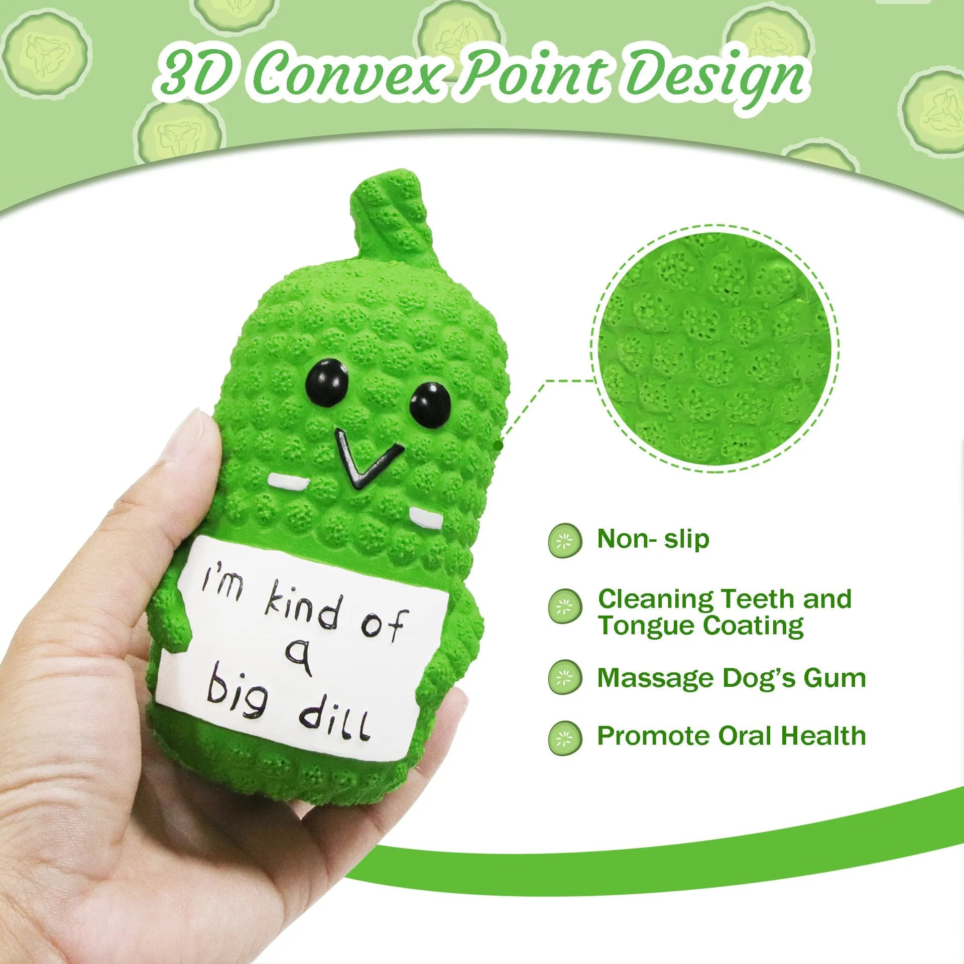 Green latex pickle shaped dog toy with textured surface and squeaker for teething puppies