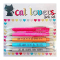 Five automatic push-action pens with cat and dog design refills in a beaded pouch