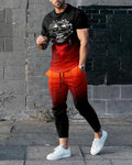 Man wearing a short-sleeved printed pullover and matching trousers from a lightweight polyester sport suit set.