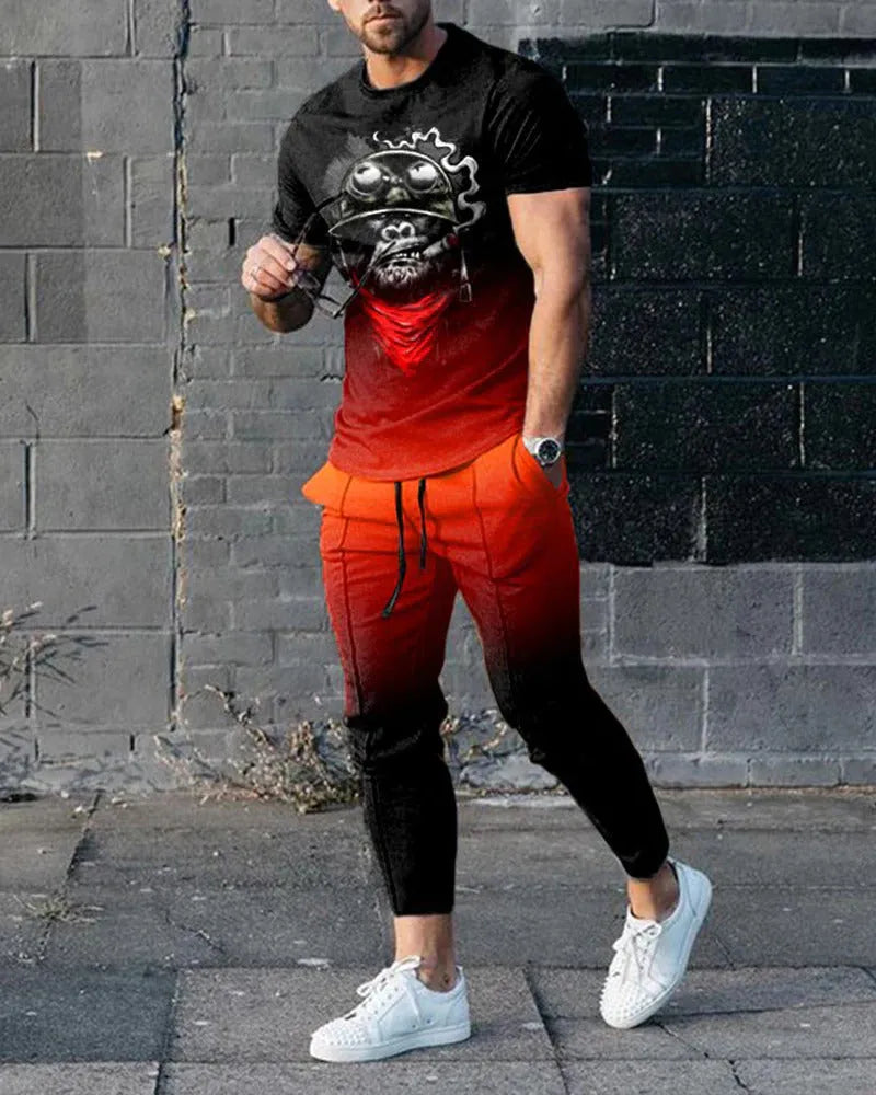 Man wearing a short-sleeved printed pullover and matching trousers from a lightweight polyester sport suit set.