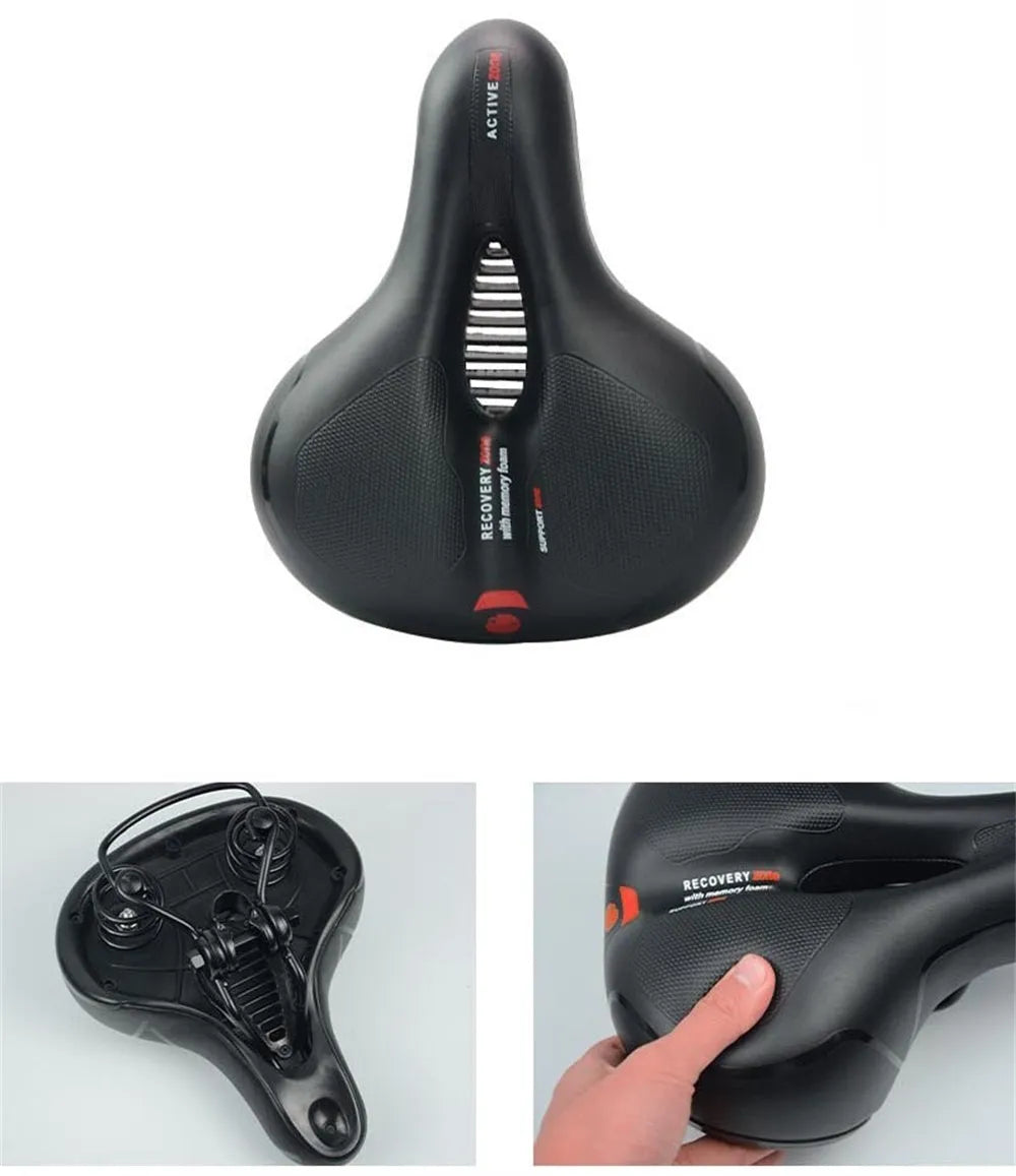 Bicycle saddle cushion with silicone padding, spring suspension, and accessories including waterproof cover and tools