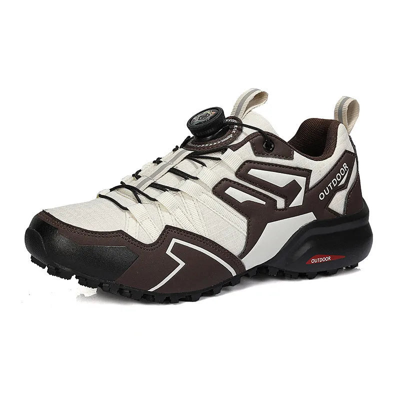 Men's beige off-road hiking shoe with an elastic band closure and rubber sole.