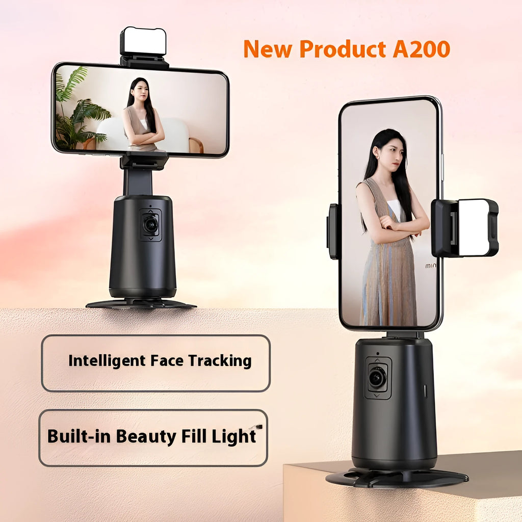 A200 black ABS desktop phone bracket with rotating camera head, face tracking, and ribbon lights