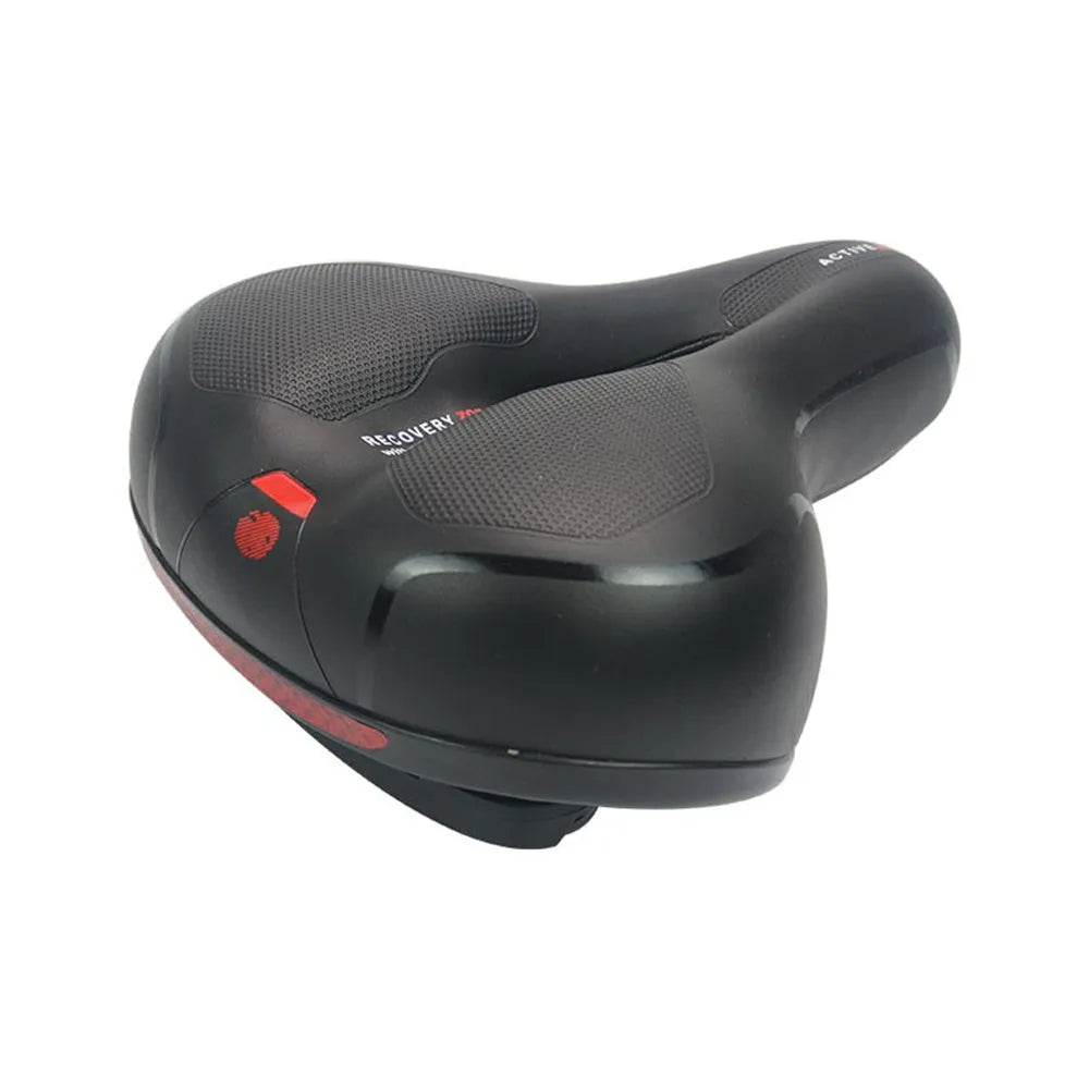 Bicycle saddle cushion with silicone padding, spring suspension, and accessories including waterproof cover and tools