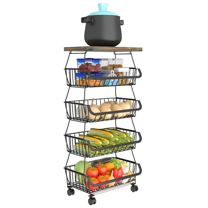Black six layer floor standing kitchen storage trolley with metal frame