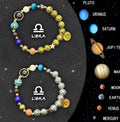 Pair of natural stone beaded bracelets with zodiac charms on a wrist, showing adjustable closure.