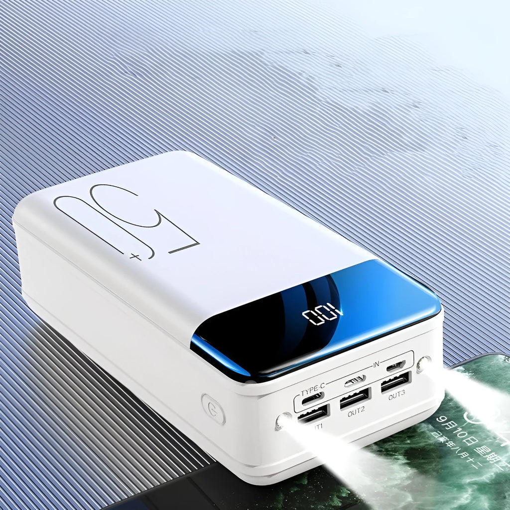 Large black or white 50000mAh power bank with multiple USB ports showing dimensions 169x83x52mm