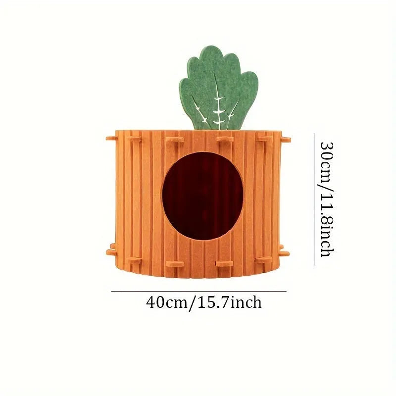 Carrot-shaped grey felt cat tunnel nest with circular entrance holes, shown in medium and large sizes.