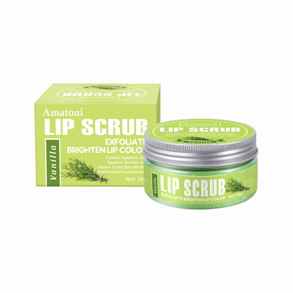Amatoni Lip Scrub Cream pot in fruit flavours including coconut, raspberry, vanilla, and watermelon, 30g net weight.