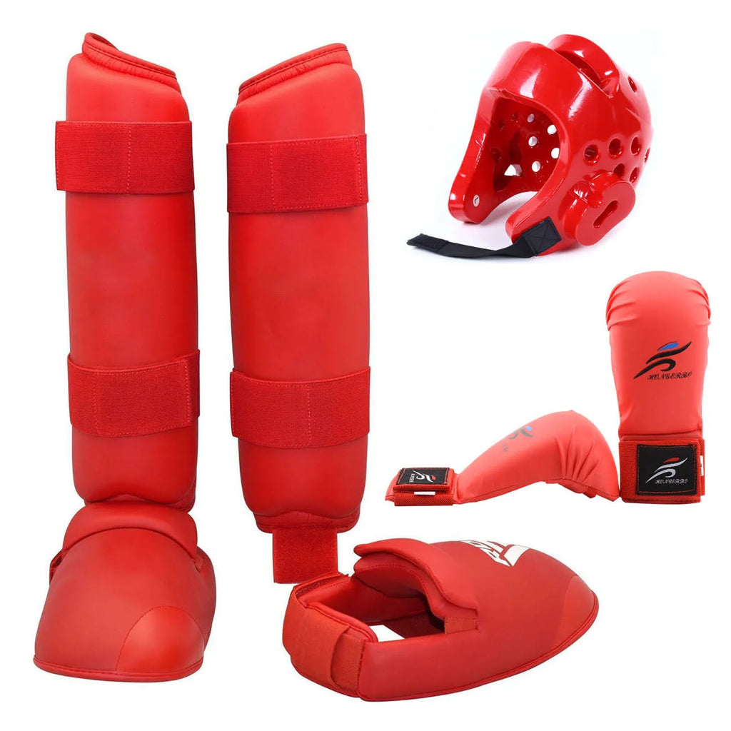 Red and blue karate protective gear set showing leg guards, helmet, and boxing gloves on a white background.