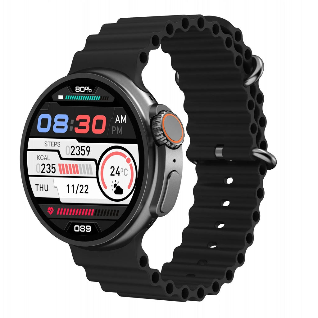K9 smart watch with round screen showing health metrics and NFC payment interface