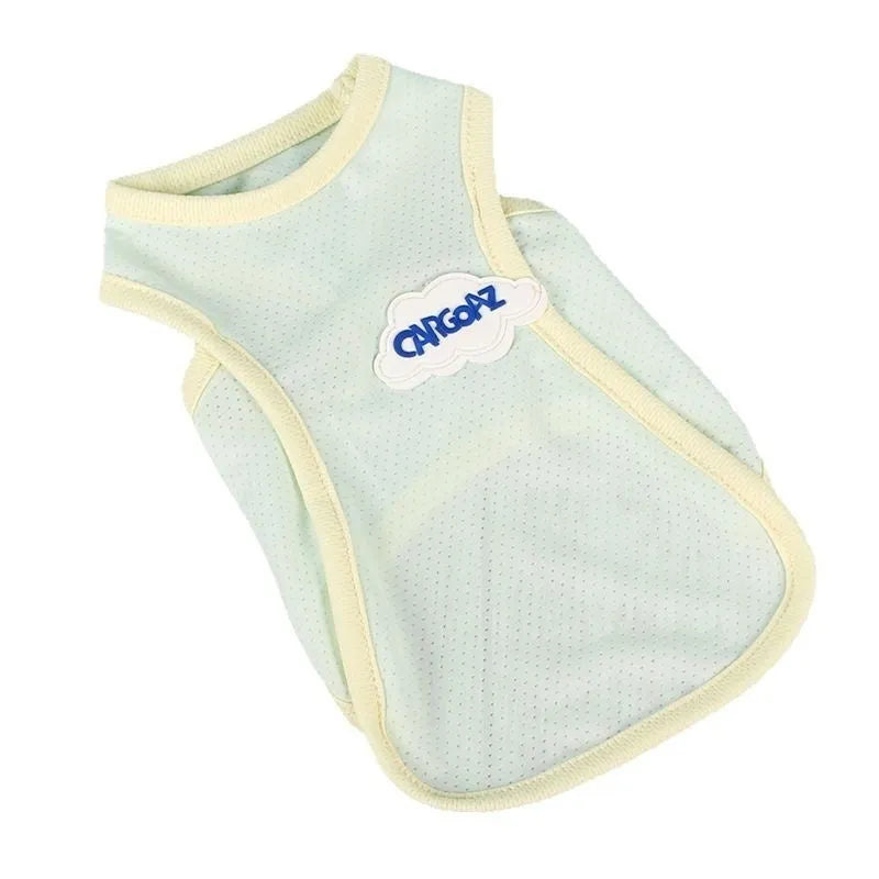 Cat wearing lightweight green mesh cooling vest with sports-style design