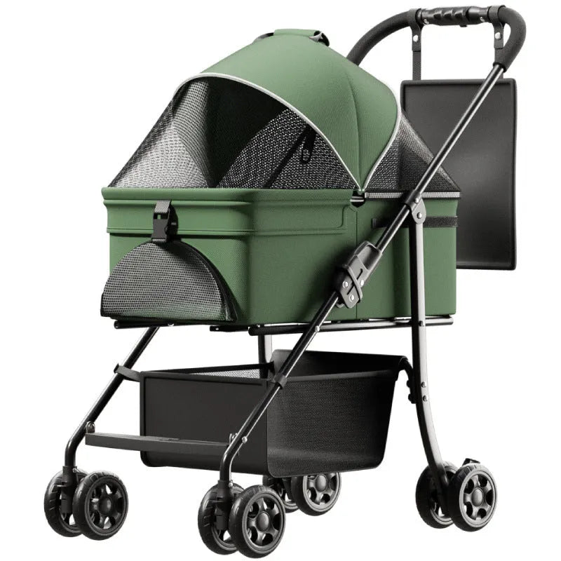 Black one-click folding detachable pet cart with metal frame shown folded and unfolded