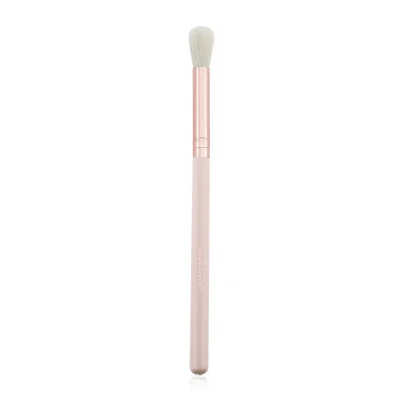 26-piece pink makeup brush set with wooden handles and a grey PU storage case, arranged open.
