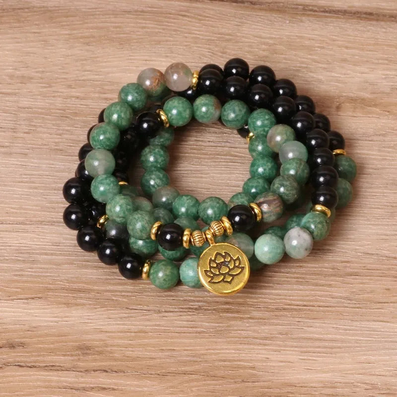 Green and black elastic beaded long bracelet with natural style alloy components