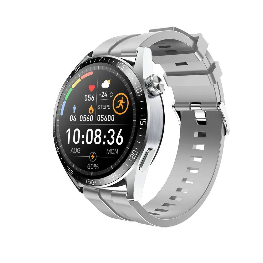 GS3 Max smartwatch in black on a silicone strap, showing its 1.35-inch touchscreen displaying a watch face.