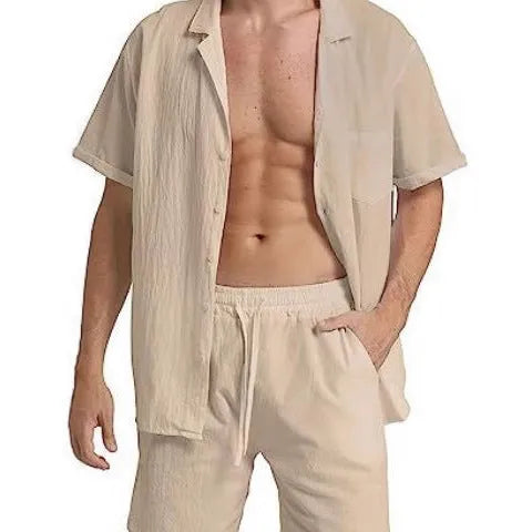 Men's summer sports shorts suit in cotton linen blend showing short-sleeved top and matching shorts