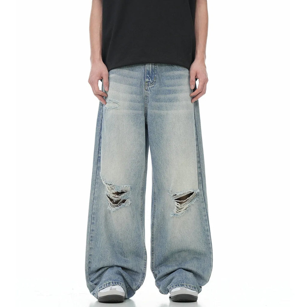 Men's blue retro ripped straight-leg jeans with zipper fly and cotton blend fabric