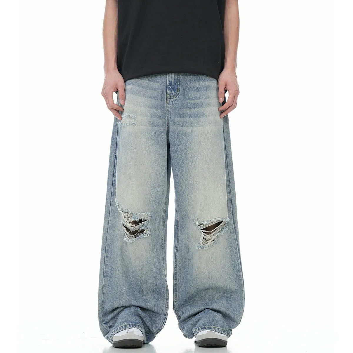 Men's blue retro ripped straight-leg jeans with zipper fly and cotton blend fabric
