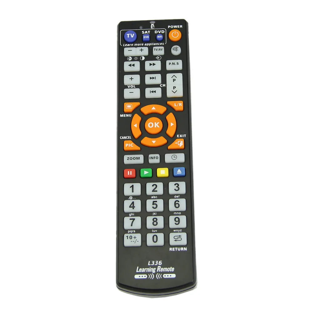 Black L336 learning remote control with full button layout for audio equipment programming