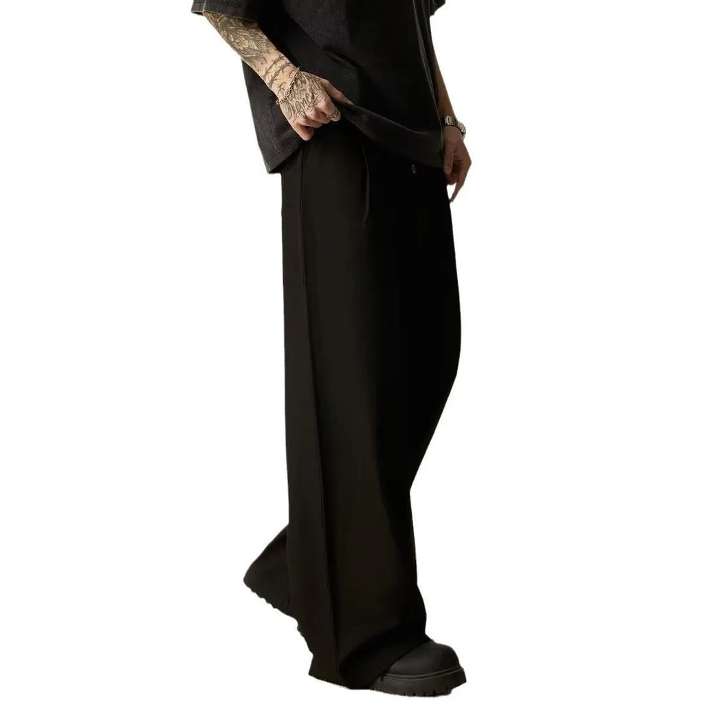 Men's straight-leg casual trousers in black cotton blend fabric with button fly