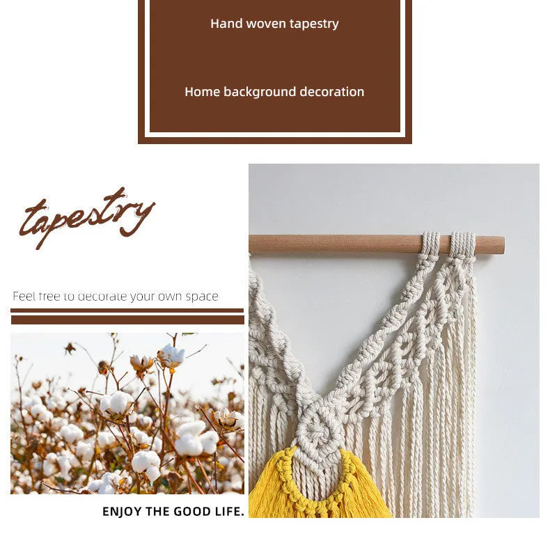 Nordic style hand-woven cotton tapestry in creamy-white with yellow detailing