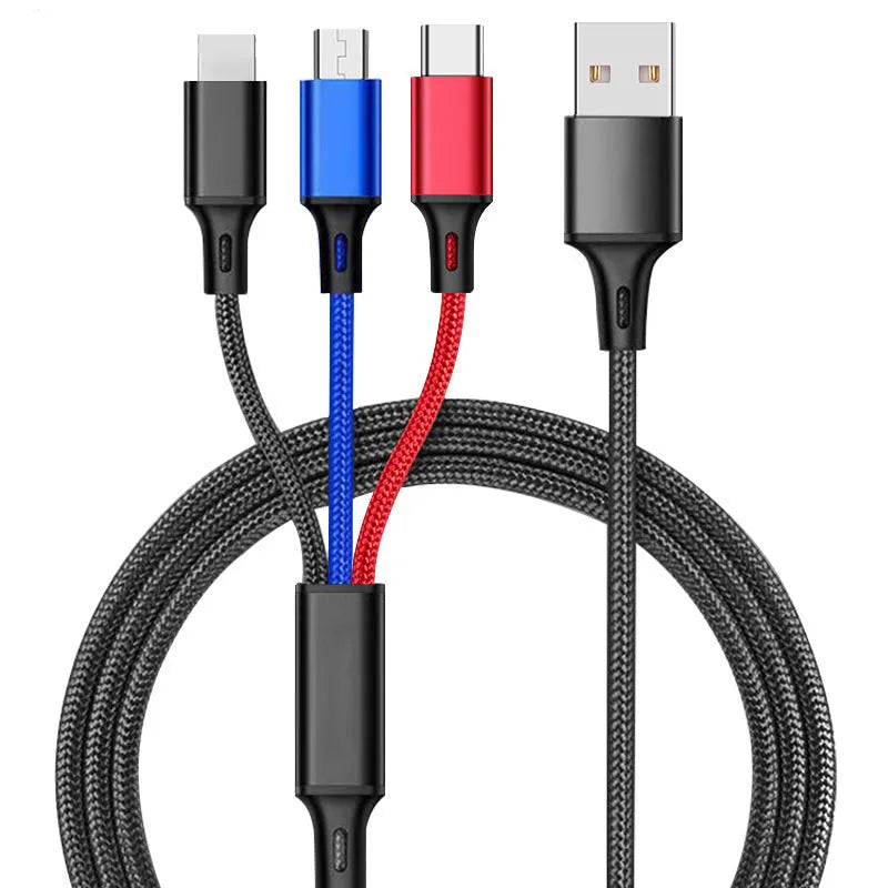 Black 3-in-1 braided charging cable with Lightning, Micro-USB and Type-C connectors on a 1.25m nylon cord