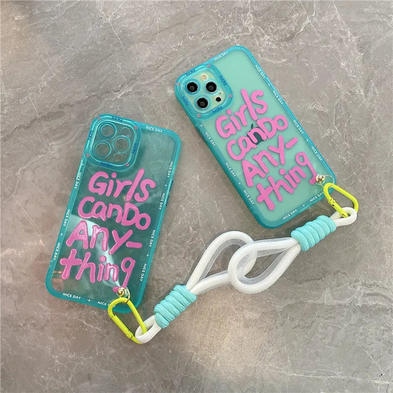 Personalised mint green graffiti phone case with animal design and detachable lanyard for Apple iPhone.