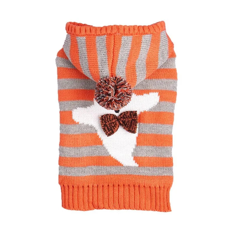 Orange Halloween pet sweater with striped pattern and hooded fur ball design for cats and dogs