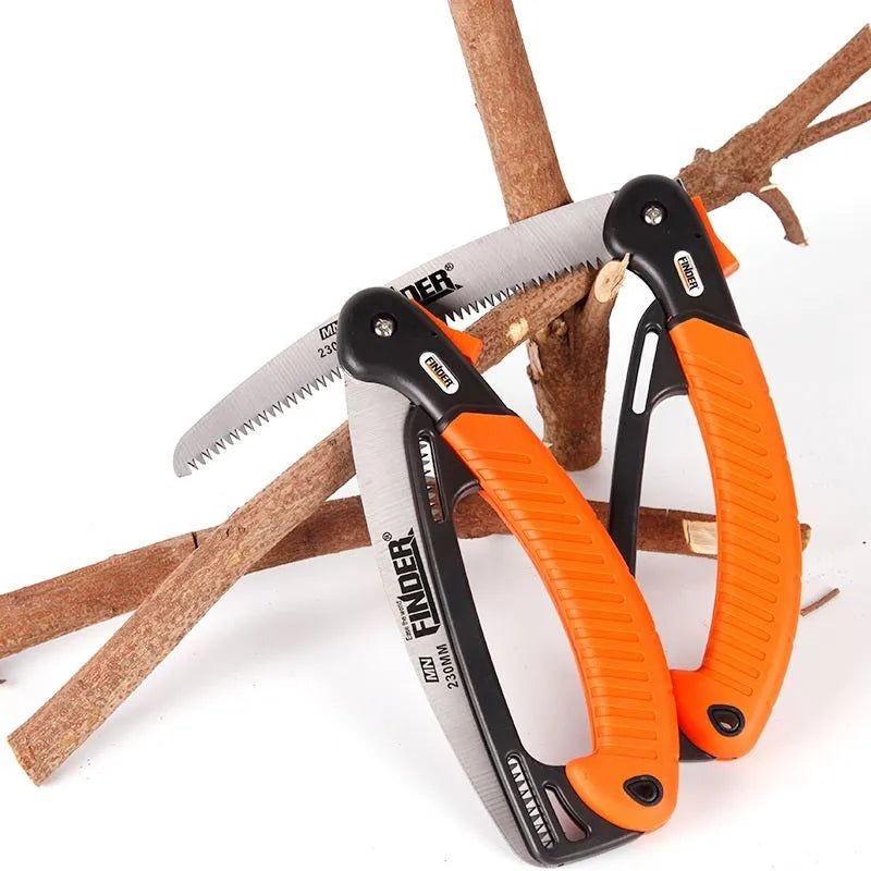 Folding garden hand saw with extended 230mm 65MN steel blade and TPR grip, shown closed and open.