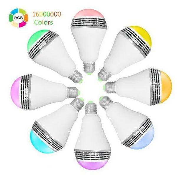 Smart LED E27 bulb with Bluetooth speaker capability showing RGB+W colour output and PC body construction