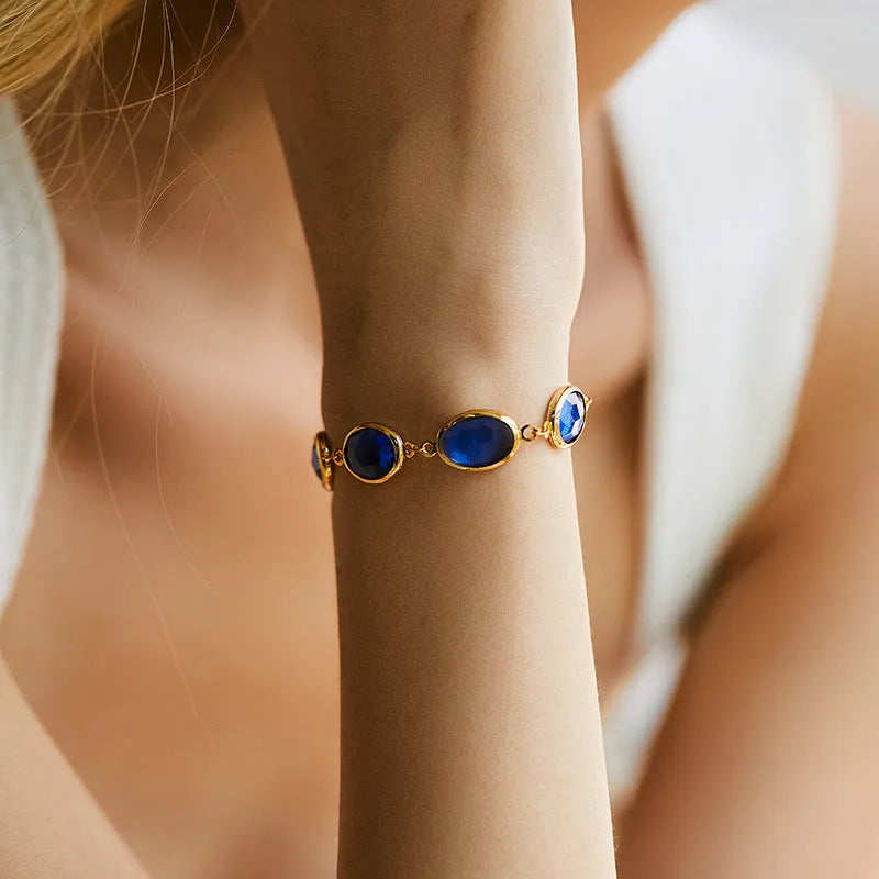 18K copper bracelet with geometric ellipse design and blue glass inlay embroidery for women