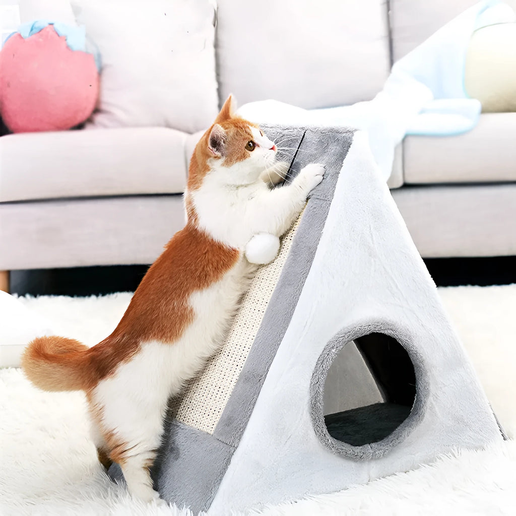 Grey and white triangular cat bed with sisal scratching side and soft fur sleeping mat.