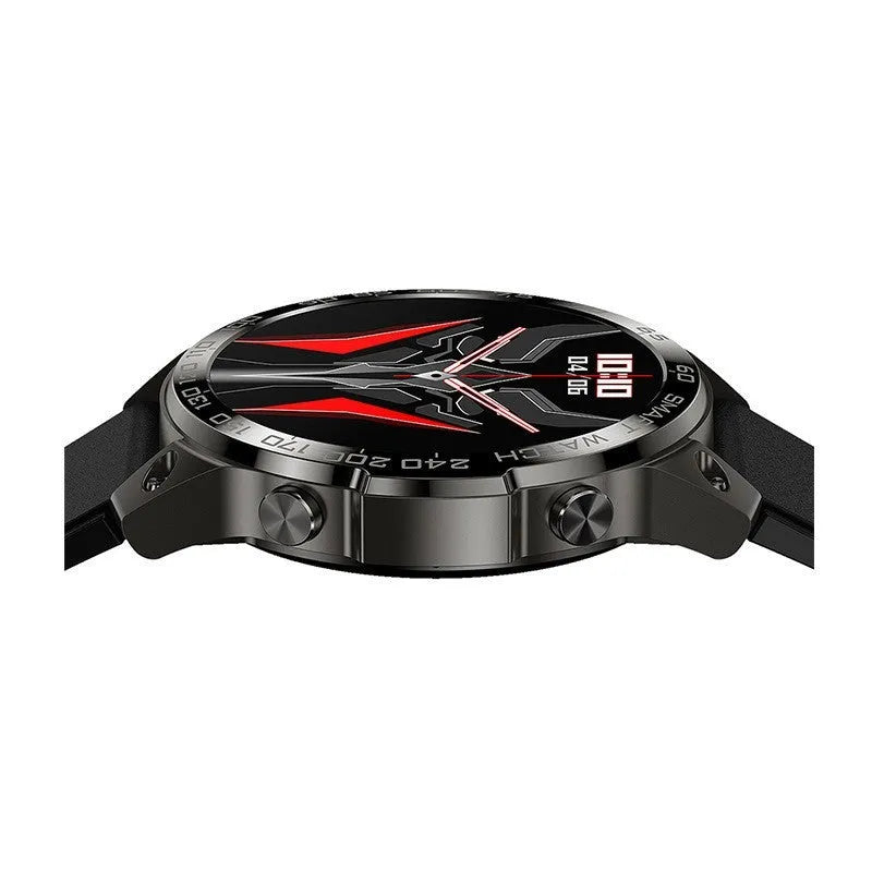 Black sports smartwatch with round AMOLED screen on silicone strap, showing always-on display with fitness metrics.