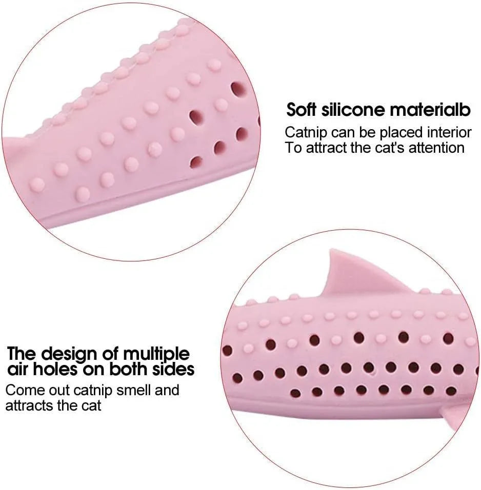 Green silicone fish-shaped chew toy for cats with breathable side holes on a white background.