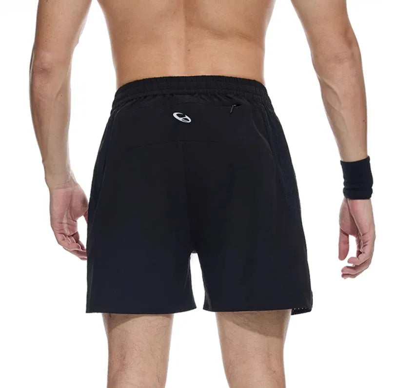 Men's black and blue stretch running shorts with laser punching for athletic training