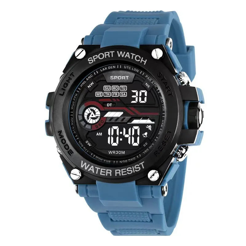 Digital electronic wristwatch for teenagers and students shown in one of ten available colour variations.