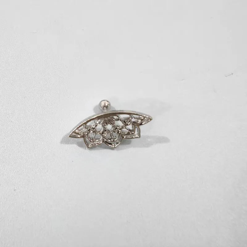 Geometric spider web design stud earrings in gold and silver electroplated metal.