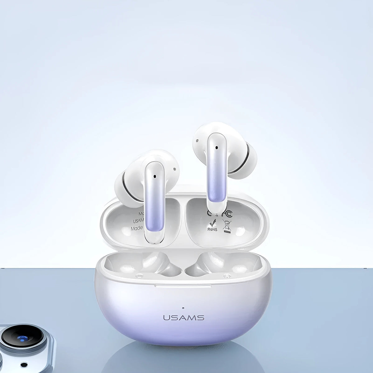 Wireless in-ear sports gaming headset in gradient blue colour showing earbud design.