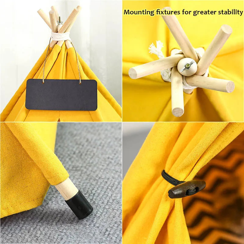 Pet teepee tent with striped pattern and removable cushion for small dogs and cats