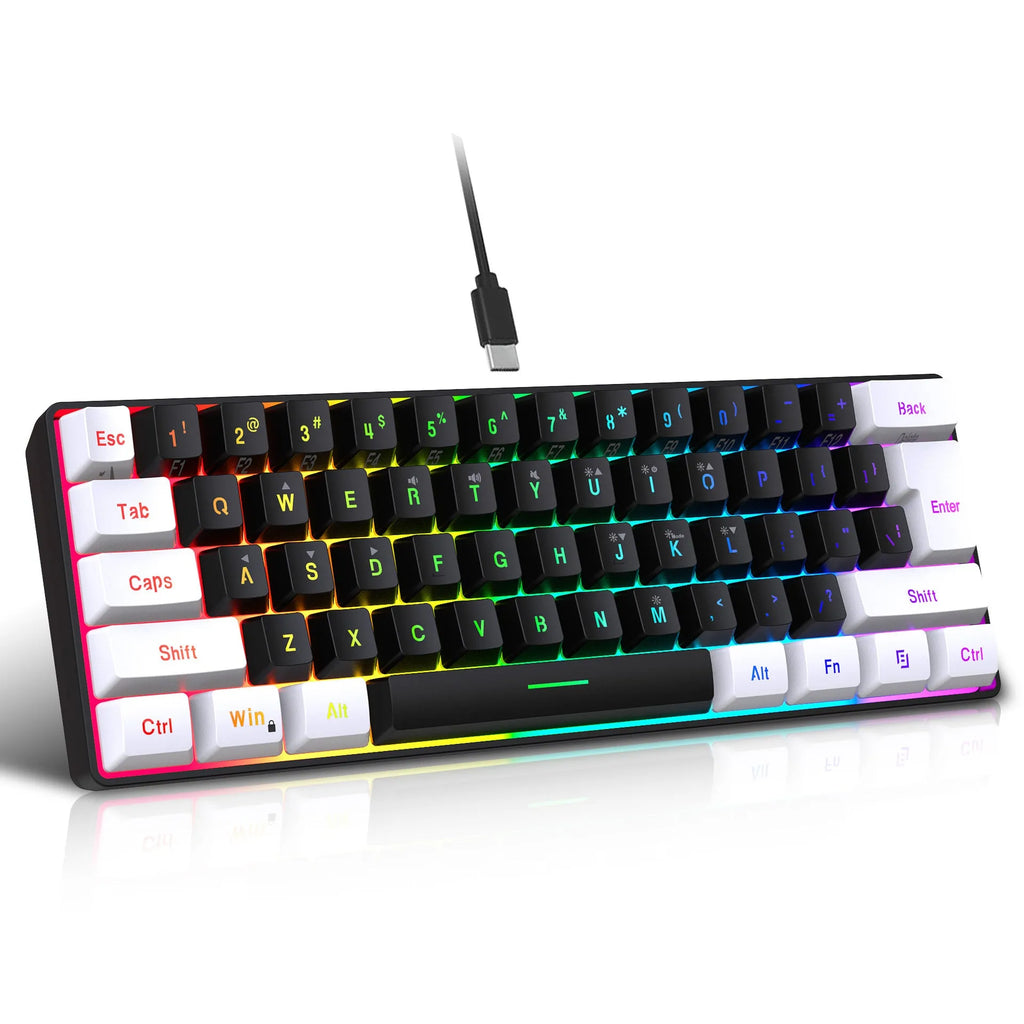 White and black 61 key wired membrane keyboard with compact design on desk