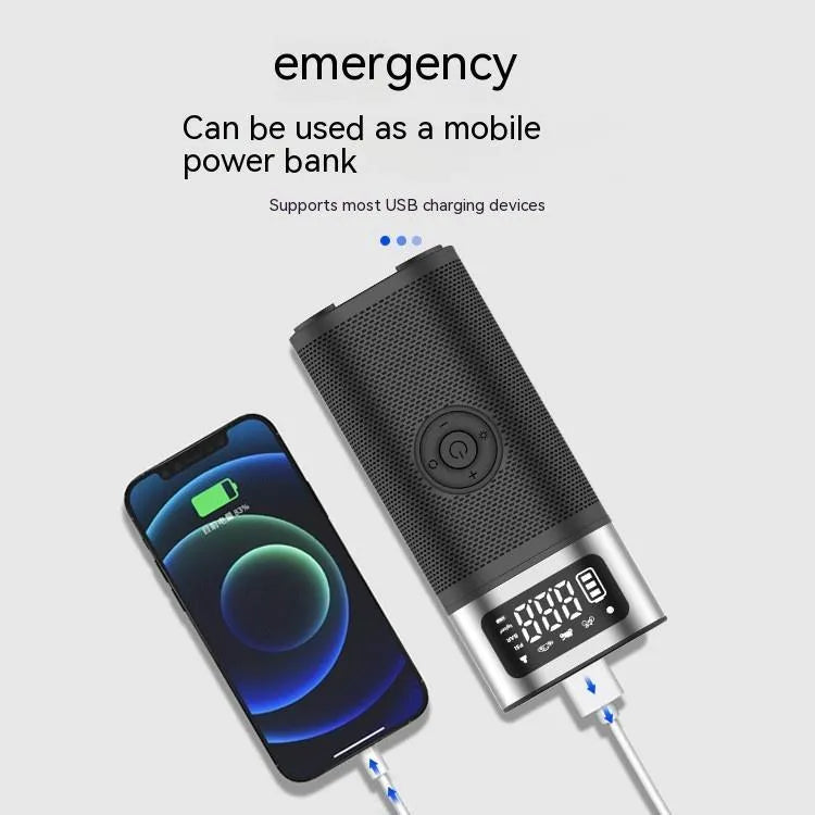 Black portable wireless air pump with 15cm tube, LED light, and multiple inflation nozzles