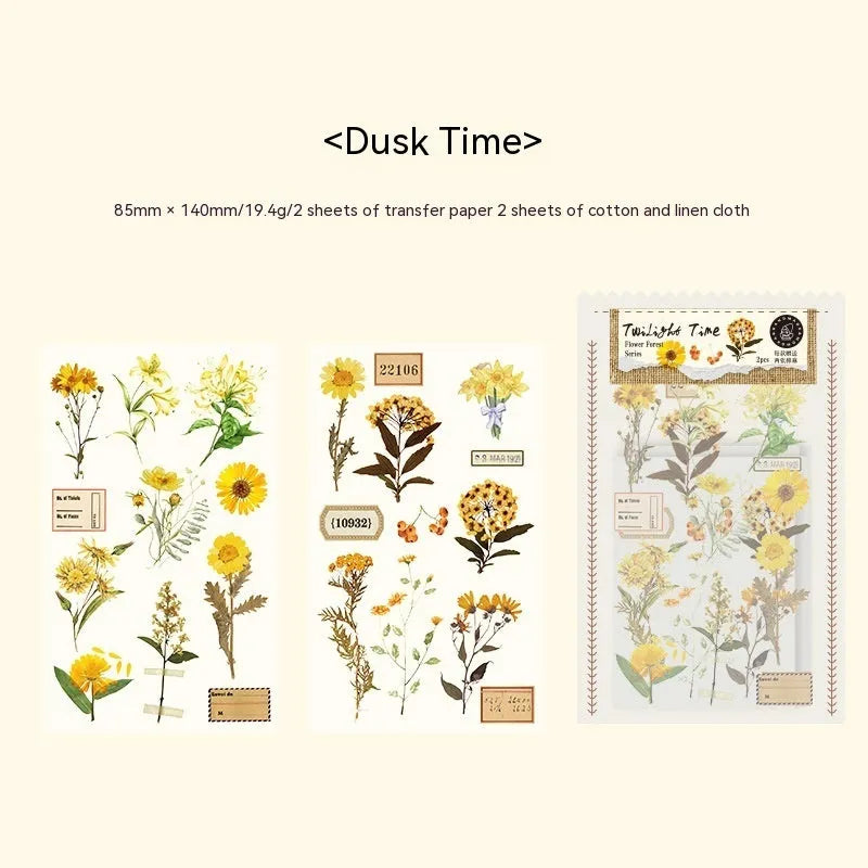 Huazhisen Series forest art sticker material pack showing printed transfer paper and cotton linen sheets