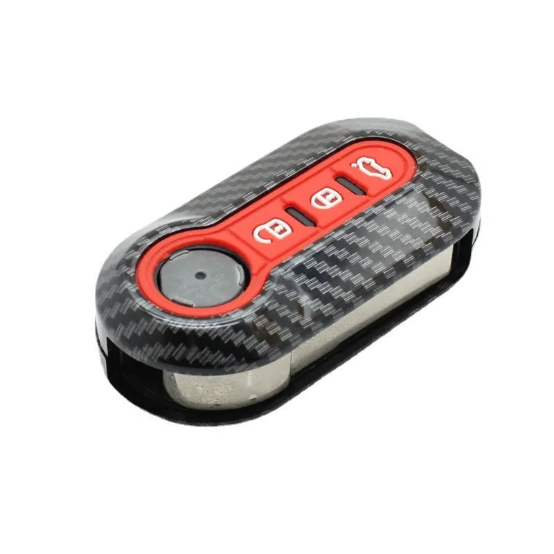 Fiat 500 Boyue ABS plastic remote key shell in black, red, and dark blue with carbon fibre style pattern.