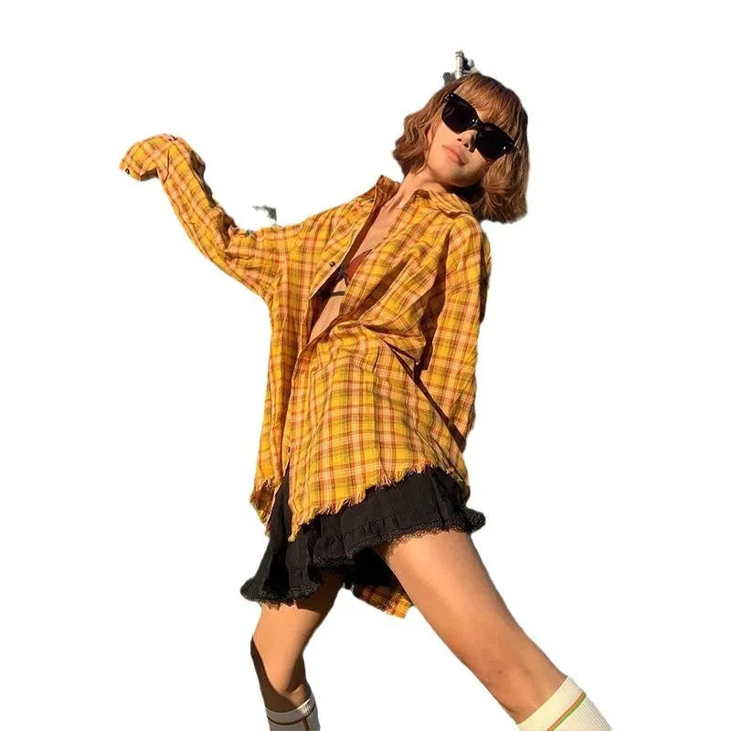 Dopamine yellow plaid shirt with loose fit cardigan-style design on chemical fibre blend fabric